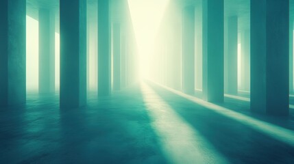Teal and Aqua Columns in Foggy Pathway, Light Beams and Shadow
