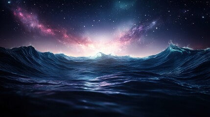 Fototapeta premium Digital Landscape of Blue Mountains Under a Starry Night Sky with Pink and Purple Nebula