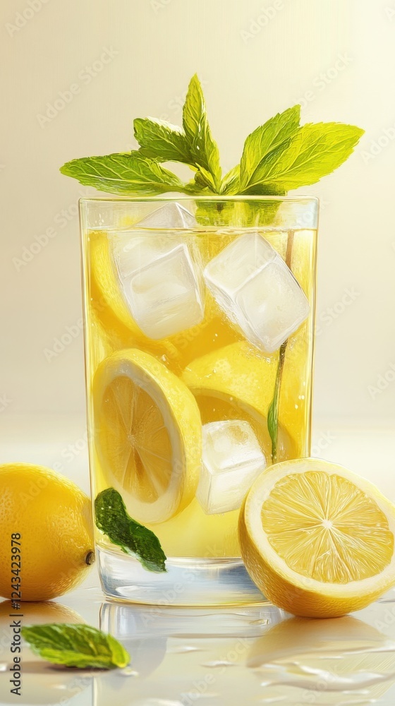 Poster refreshing summer drink with lemon slices and mint in a clear glass close-up