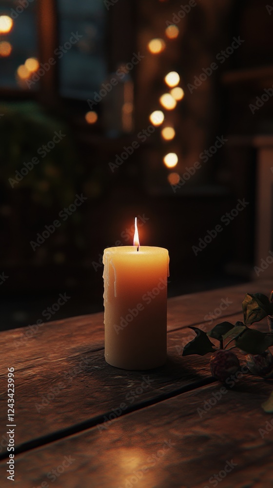 Poster close-up view showcasing a lit candle on a rustic wooden table, filling the surroundings with warm l