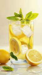 Refreshing summer drink with lemon slices and mint in a clear glass close-up