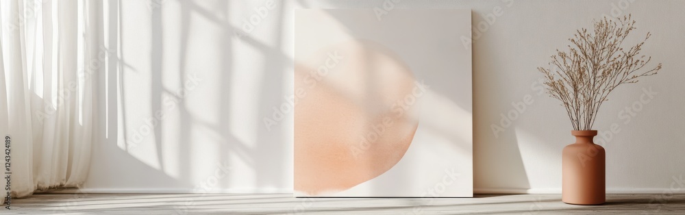 Poster white minimalist canvas with subtle pencil strokes displayed in a sunlit room beside a terracotta va