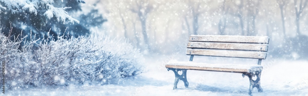 Aufkleber snow-covered bench in a tranquil winter landscape with trees and falling snowflakes creating a peace