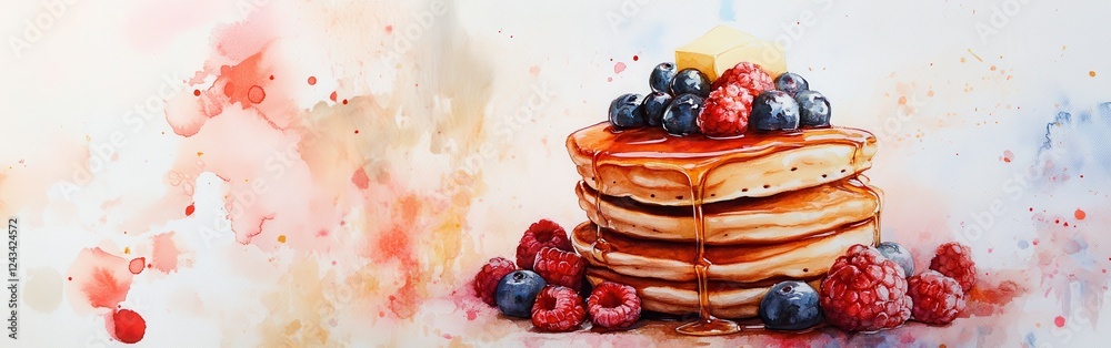 Poster delightful stack of pancakes topped with fresh berries and maple syrup on a watercolor background