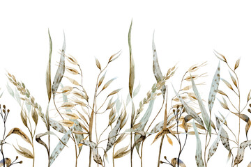 Dry meadow herbs and leaves horizontal seamless border. Wild plants watercolor illustration in herbarium style. Illustration for postcards, borders, banners.