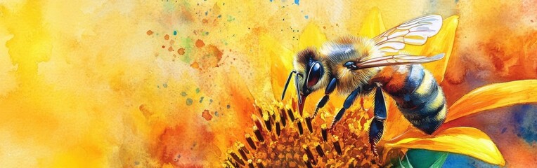 Close-up depiction of a bee collecting nectar from a vibrant sunflower on a sunny day in a lush garden