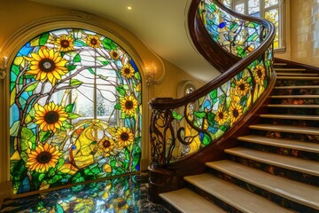 Sunflowers stained glass, grand staircase, luxury home interior, elegant design
