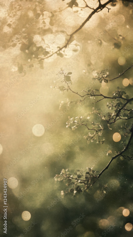 Poster soft bokeh effect with muted olive green tones showcasing delicate branches and nature's tranquility