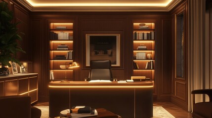 Cozy home office for an entrepreneur with a sleek desk, warm lighting, and an organized planner.