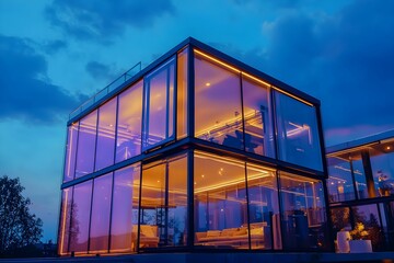Fototapeta premium Modern glass house illuminated at dusk with vibrant colors in a serene setting, 现代建筑