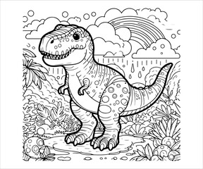 Fototapeta premium Dinosaur coloring book for adults. Black and white vector illustration.