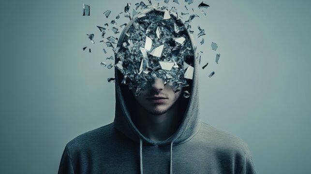 Surreal portrait of a hooded young man exploding head showing glass shards on a blue background representing mental health issues like stress, burnout, dementia, migraine and thoughts