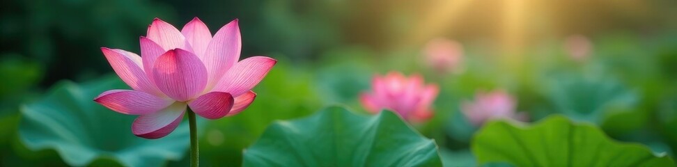 Fototapeta premium A delicate pink lotus blooms in the morning dew drops, calm, delicate