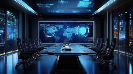Naklejka premium Dark-themed high-tech boardroom with futuristic LED lighting and digital data displays.