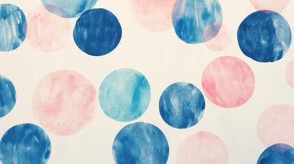 Soft pencil strokes create a colorful pattern of blue and pink circles on a light background