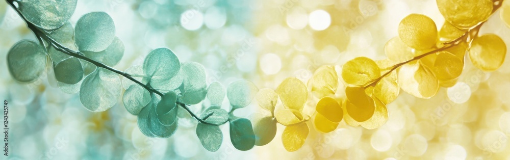 Aufkleber soft bokeh gradients create a serene atmosphere in mint green and lemon hues among delicate leaves