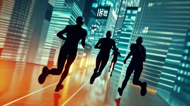 Dynamic urban running scene: silhouettes in motion through futuristic city