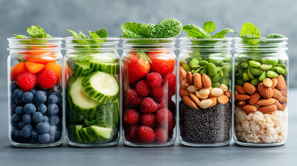 Reusable containers filled with fresh fruits, vegetables, and nuts for eco-conscious food storage