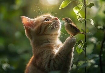 Curious orange cat gazing at small bird perched on a branch in a lush green forest setting with soft natural light and serene atmosphere
