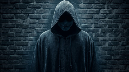  Mysterious hooded figure with sinister grin standing against dark brick wall for horror, thriller, and suspense movie posters, book covers, or Halloween event promotions