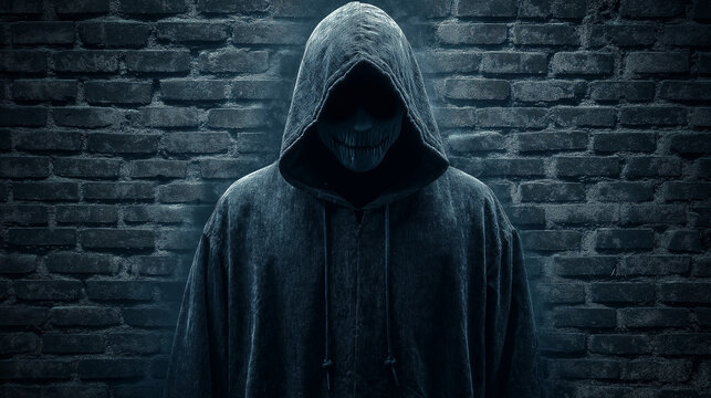  Mysterious hooded figure with sinister grin standing against dark brick wall for horror, thriller, and suspense movie posters, book covers, or Halloween event promotions