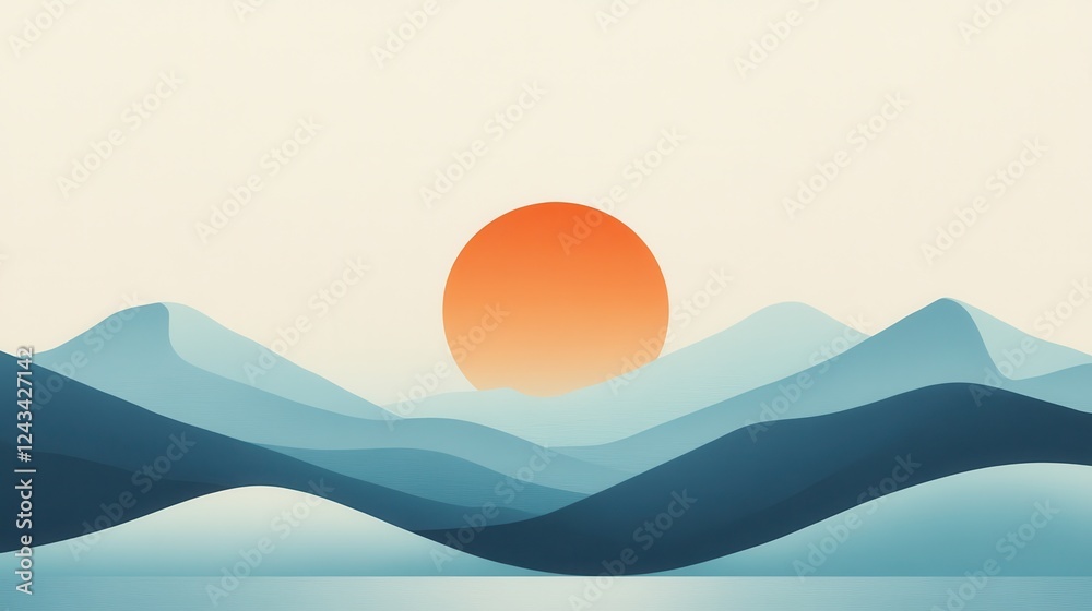 Poster minimalist gradient design featuring sun setting behind soft mountain silhouettes