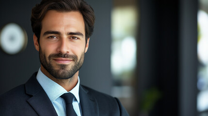 Fototapeta premium Confident young businessman in suit with slight smile in modern office setting, ideal for corporate presentations, professional profiles, and business marketing materials