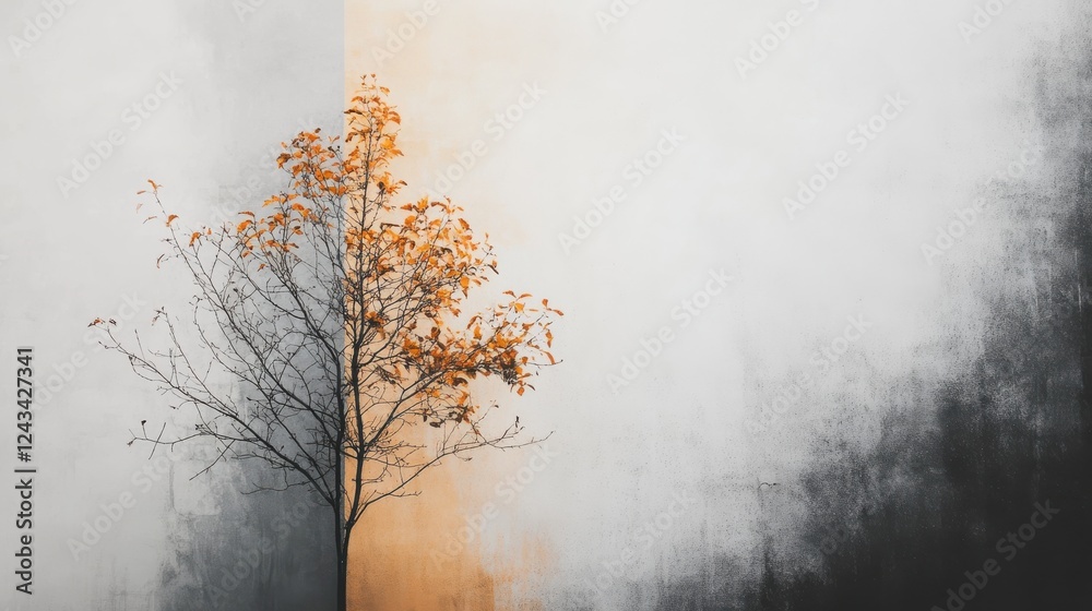 Poster minimalist tree against a contrasting backdrop of amber and gray hues in an urban setting during the
