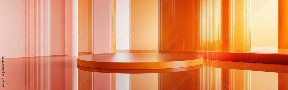 Aufkleber minimalist interior showcasing amber and coral color blending with reflections in a serene setting