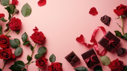 A Luxurious Dark Chocolate Bar, Adorned with an Array of Heart-Shaped Chocolates, Elegantly Placed Amidst a Romantic Setting of Crimson Roses and Delicate Greenery, Evoking a Sense of Affection and In