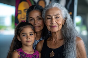 Obraz premium An artistic portrayal of three women from different generations, radiating love and connection, set against a beautifully painted backdrop that symbolizes heritage and unity.