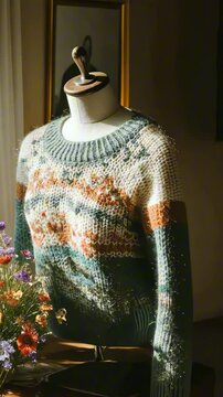 Cozy knit sweater on mannequin with wildflower bouquet in sunlit room