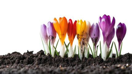 Obraz premium Spring blooms colorful crocuses in soil nature view isolated on transparent background