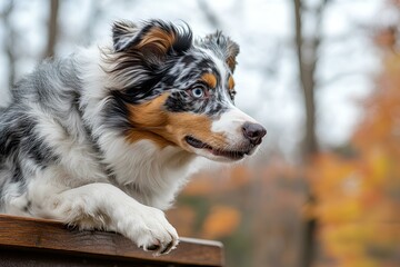 Close up, An Australian Shepherd  jumping over an agility hurdle 