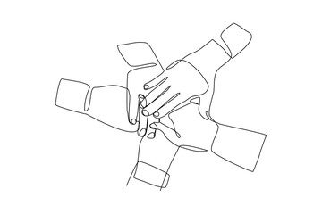 Continuous single line of hands rise and fits bump together to show teamwork support business concept and love care people. Sketch drawing editable stroke vector illustration