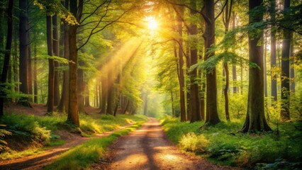 Obraz premium Forest Pathway Bathed in Warm Light, woodland scenery, serene landscape