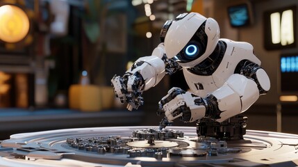 Fototapeta premium A futuristic robotic arm assembling parts in a glowing industrial setting