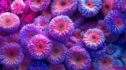 A vibrant display of colorful, fluffy flowers in shades of purple, pink, and blue, creating a mesmerizing floral pattern.