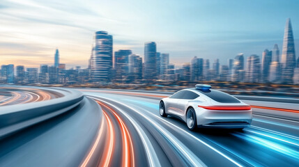 Self-driving electric cars navigate futuristic highways in a bustling cityscape at sunset