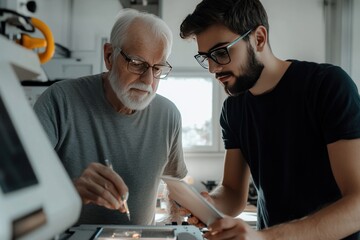 Senior and young man collaborating on a project, using digital tablet and tools.