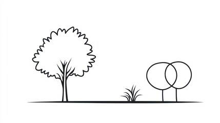 Simple line drawing trees park grass landscape design