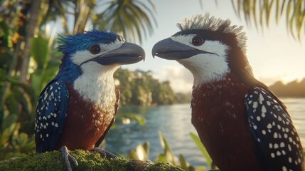 Two Colorful Birds on Tropical Beach at Sunset
