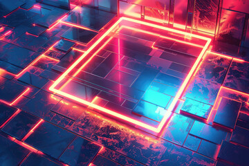 Abstract glowing circuit board with neon orange and blue tones creating a digital futuristic pattern