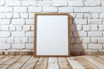 Empty wooden frame standing against a white brick wall with soft natural light creating gentle shadows