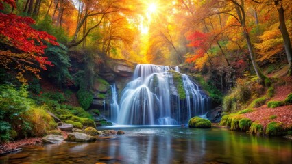Serene waterfall surrounded by vibrant autumn leaves and lush greenery, with sunlight filtering through the trees, creating a warm and inviting atmosphere, forest ambiance, nature's beauty
