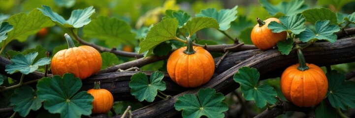 Pumpkin vines entwined with twigs and branches, farm, twigs