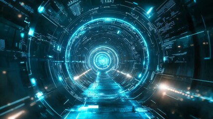 Fototapeta premium A mesmerizing futuristic tunnel with vibrant blue hues and glowing lights.