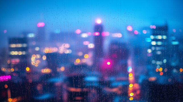 Rain-soaked window overlooking vibrant city lights at dusk, perfect for mood-driven blog headers, urban lifestyle promotions, and atmospheric digital wallpapers