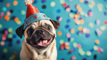 Excited pug wearing a glitter party hat with confetti background, ideal for pet-themed celebration cards, fun event promotions, and cheerful social media content. Copy space