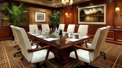 Large executive boardroom with neatly arranged chairs, a glass conference table, and digital strategy reports.